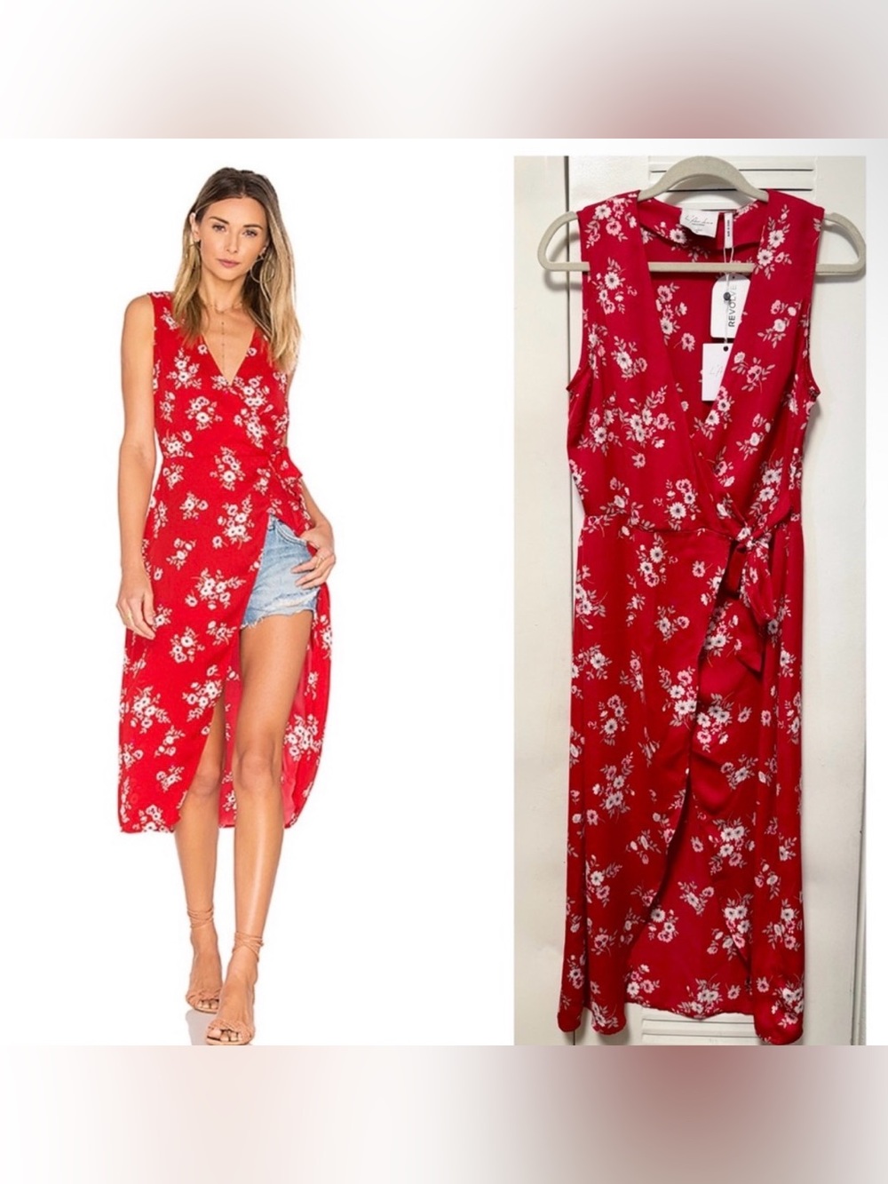 NWT - L'Academie The Hi-Low Wrap Blouse in Red Floral | REVOLVE